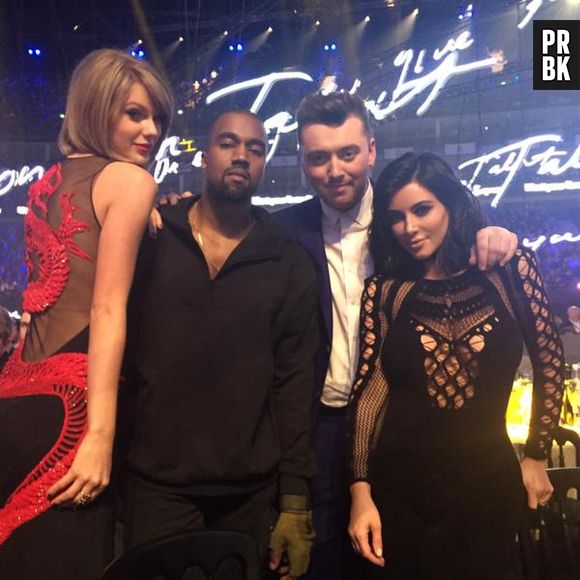 Taylor Swift com seus novos amigos Kanye West e Kim Kardashian, além de Sam Smith, no BRIT Awards 2015