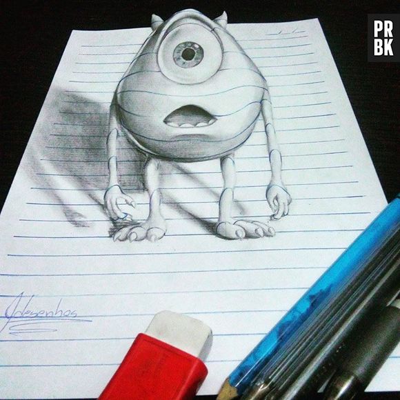 O Mike Wazowski, de "Monstros S.A." parece estar saindo da folha do caderno!