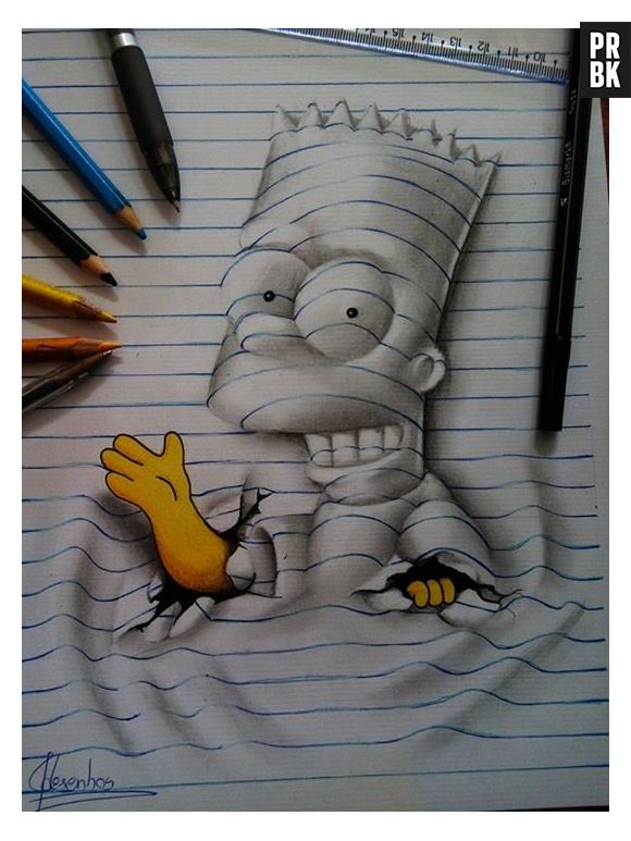 Utilizando a técnica do esfumaçado, o Bart, de "Os Simpsons", ficou muito real