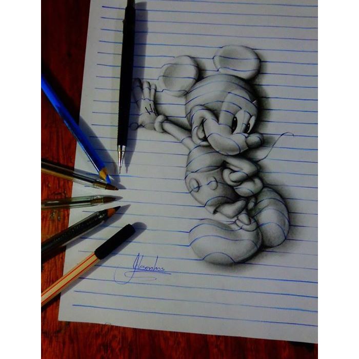  O Mickey desenhado em 3D at&amp;eacute; brinca com o l&amp;aacute;pis do artista 