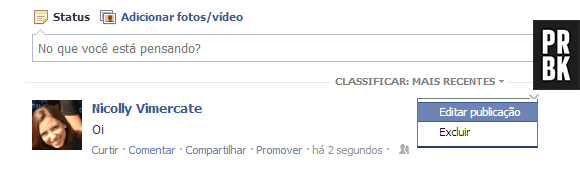 Para editar o post, basta clicar na setinha ao lado do seu texto e, depois, em "Editar Publicação".
