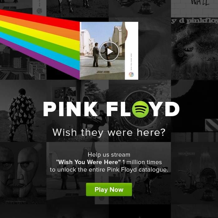 O Spotify realiza &quot;desafios&quot; como esse onde o fã ganha acesso a todo o catálogo de Pink Floyd se a canção for ouvida 1 milhão de vezes.