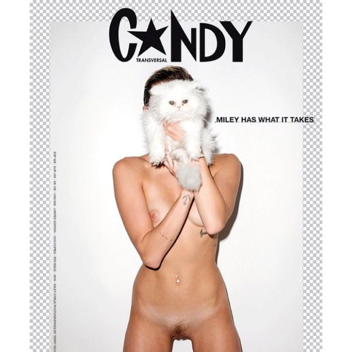 Miley Cyrus ficou completamente nua - e com um gatinho - na capa da revista Candy