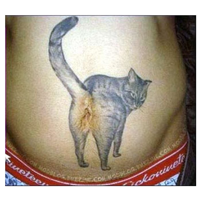 Essa tatuagem no umbigo ficou meio nojenta. Coitado do gatinho!