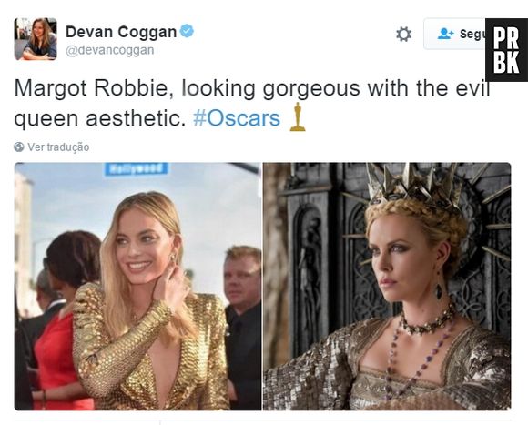 Margot Robbie, uma das estelas de "Esquadrão Suicida", resolveu homenagear no Oscar 2016 a Charlize Theron em "Branca de Neve e o Caçador". Claro que a internet não perdoou!