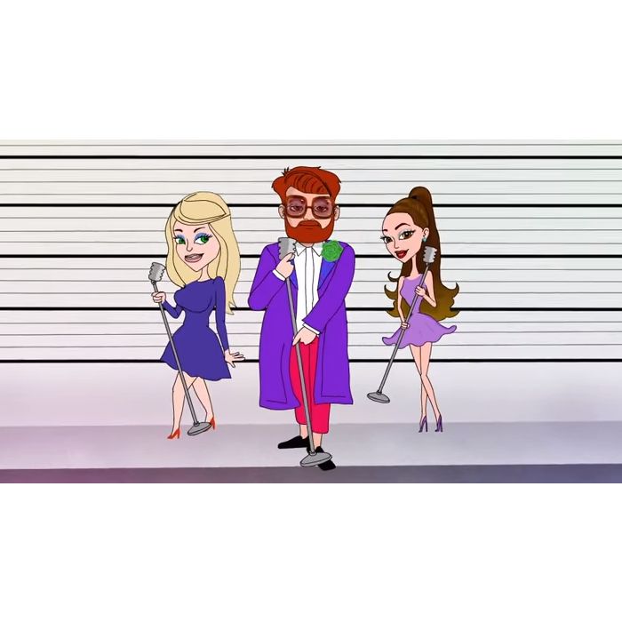 No clipe de &quot;Boys Like You&quot;, o trio Ariana Grande, Meghan Trainor e Who Is Fancy aparece transformado em desenho