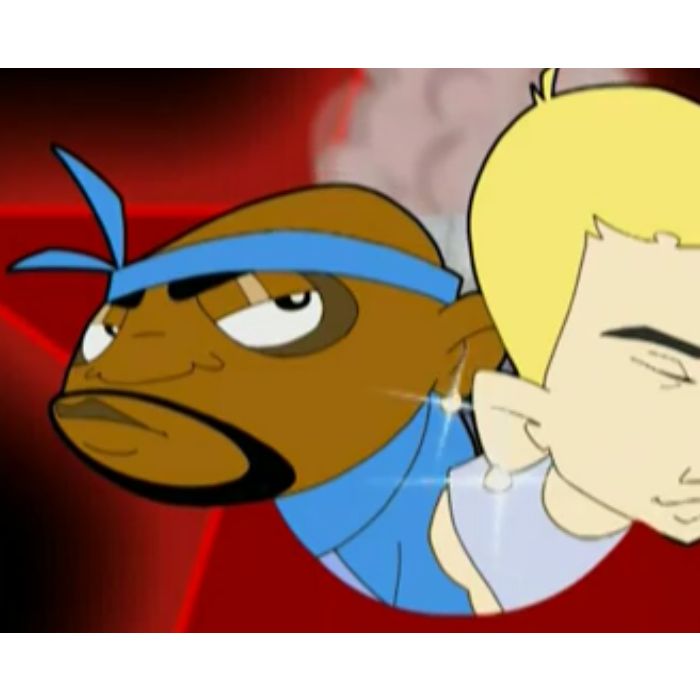 No clipe de &quot;Shake That&quot;, somos apresentados à versão em desenho animado de Eminem e Nate Dogg