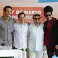Rodrigo Santoro, ao lado do diretor Carlos Saldanha, e dos músicos Sérgio Mendes e Carlinhos Brown durante a coletiva de "Rio 2"