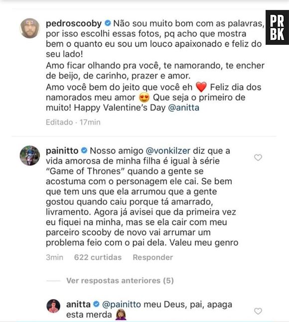 Anitta dá bronca no pai após comentário indiscreto em foto de Pedro Scooby
