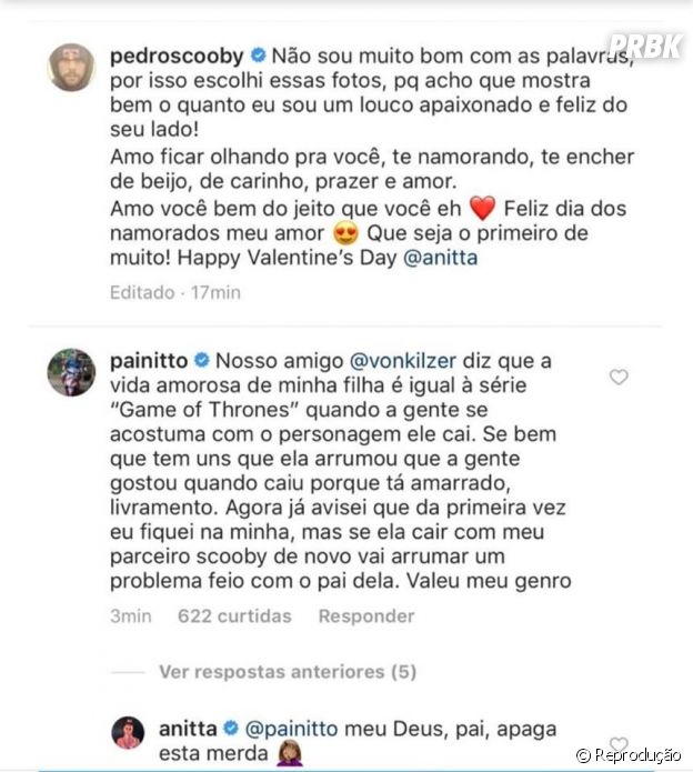 Anitta dá bronca no pai após comentário indiscreto em foto de Pedro Scooby