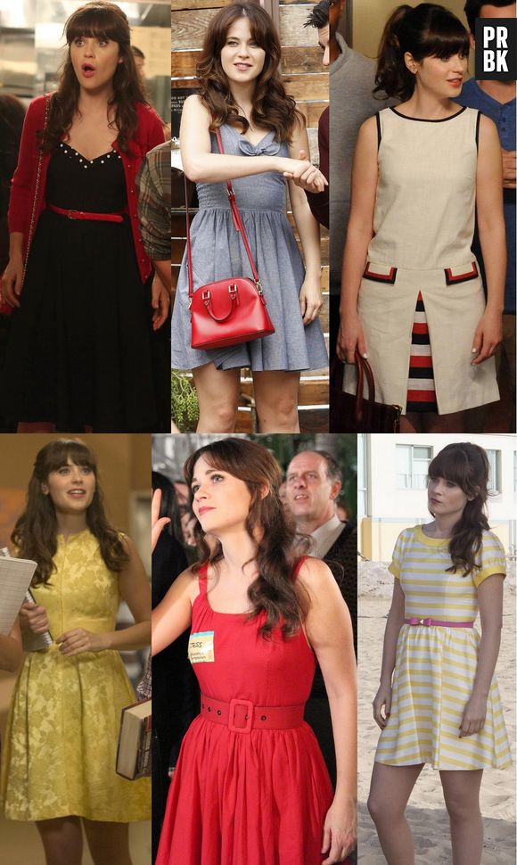 Vestidos acinturados e rodados também são a marca registrada de Jess (Zooey Deschanel)