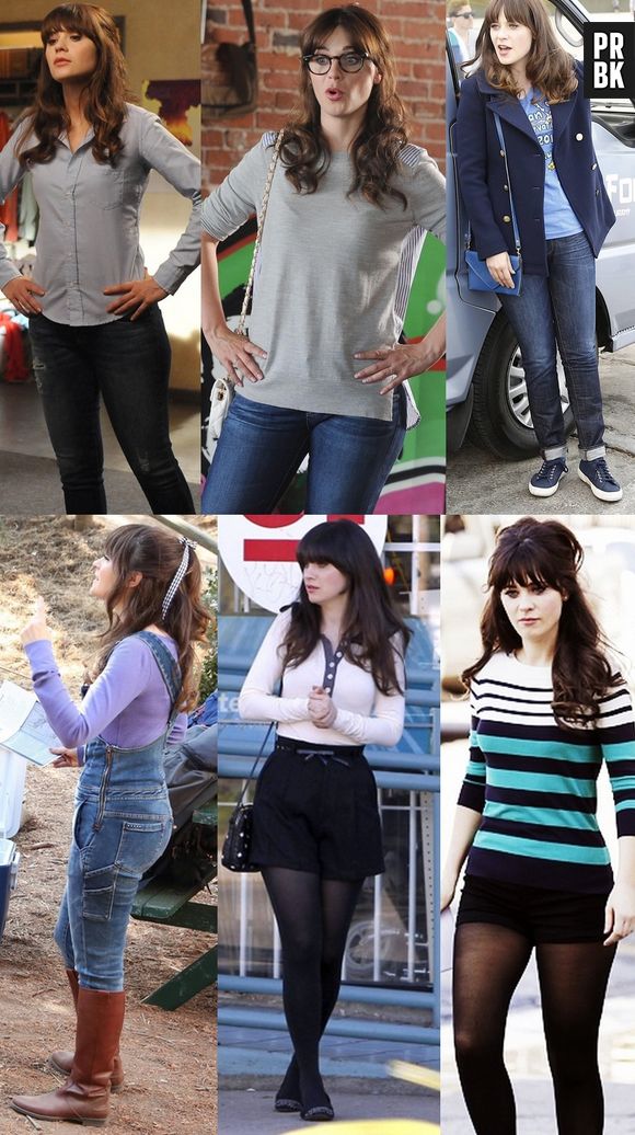 Jess (Zooey Deschanel) também usa muito jeans e as vezes de short curtinho com meia calça