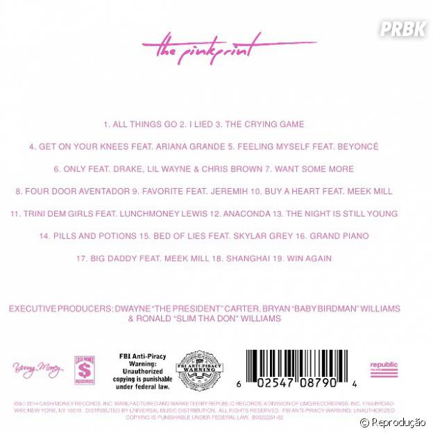 Tracklist do novo CD de Nicki Minaj, "The Pinkprint"