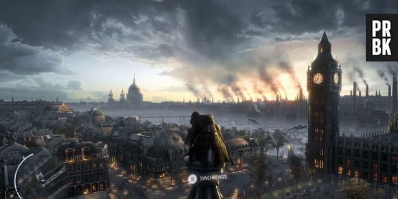 Ao fundo, o relógio Big Ben da cidade de Londes que é a paisagem do próximo "Assassin's Creed Victory"