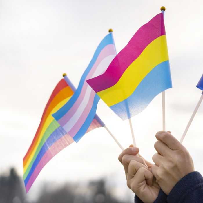 As cores rosa, amarelo e azul representam a bandeira da pansexualidade no movimento LGBTQIA+