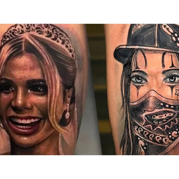 Antes e depois da tatuagem do rosto de Lexa de MC Guimê