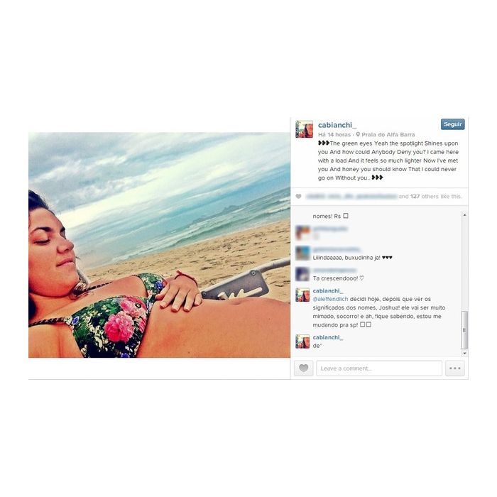 Carolina Caetano Bianchi mostrou a barriga de três meses de gravidez no Instagram e revelou que o nome do filho de Caio Castro será Joshua