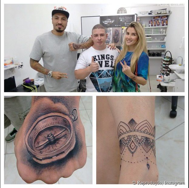 Aline Gotschalg e Fernando Medeiros, do "BBB15", posam com tatuador respons&aacute;vel por suas novas tattoos