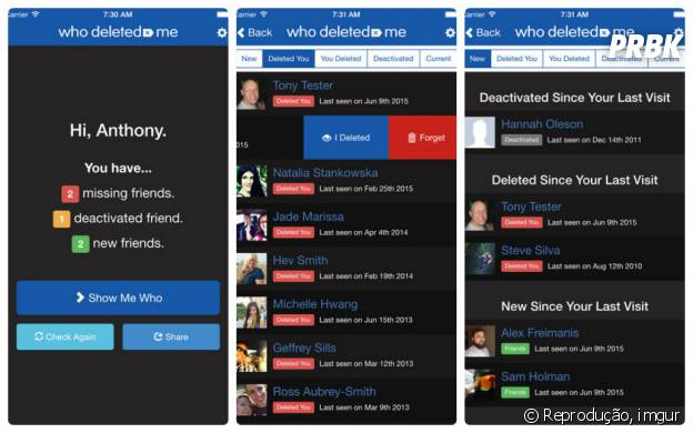 Printscreen das telas do aplicativo "Who Deleted Me"