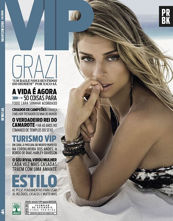 Como uma sereia, Grazi Massafera posa de biquíni em uma praia e estampa a capa de março da revista "VIP"