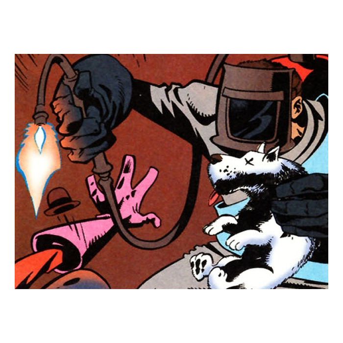 O herói Dogwelder tem a capacidade de  soldar cachorros mortos nos rostos de seus inimigos. É, isso mesmo!