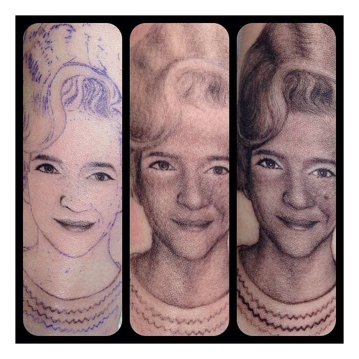 Kat Von D faz tatuagem em Miley Cyrus, com desenho do rosto da avó da cantora