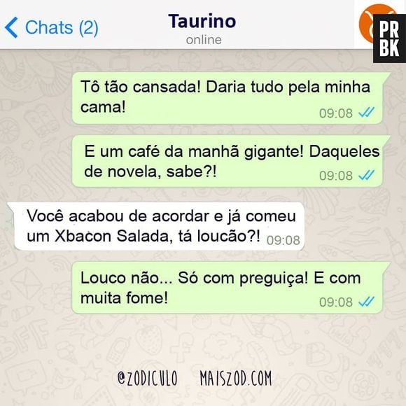 Signos no Whatsapp: A galera de Touro tá sempre reclamando de fome e sono, não é mesmo?