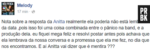 MC Melody dá resposta malcriada a Anitta no Facebook