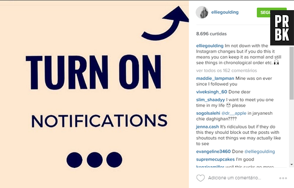 A mudança no Instagram também não agradou nadinha artistas internacionais como a cantora Ellie Goulding