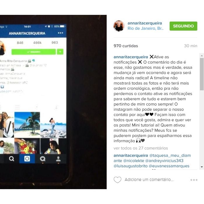 A atriz Anna Rita Cerqueira, de &quot;Os Dez Mandamentos&quot;, disse que ninguém gostou das mudanças no Instagram