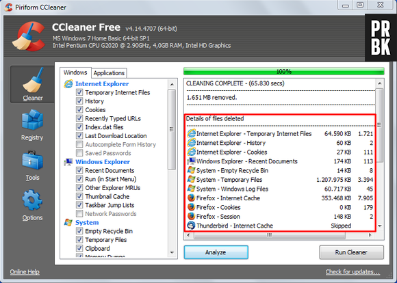 "CCleaner" vai te apresentar uma lista de tudo que ele excluiu