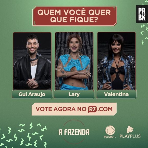 "A Fazenda 13": quem você quer que saia na 5ª roça do reality show? Gui Araujo, Lary Bottino ou Valentina Francavilla? Vote na enquete!