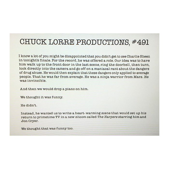 Chuck Lorre brincou sobre a ausência de Charlie Sheen em &quot;Two and a Half Men&quot; com um comunicado oficial