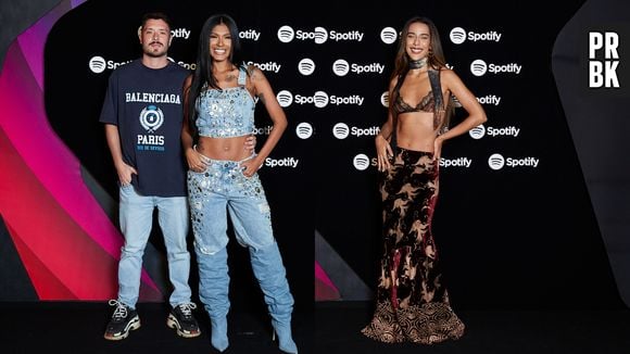 Para a Festa Spotify, Pocah apostou em look all jeans e Marina Sena usou sutiã rendado com saia estampada