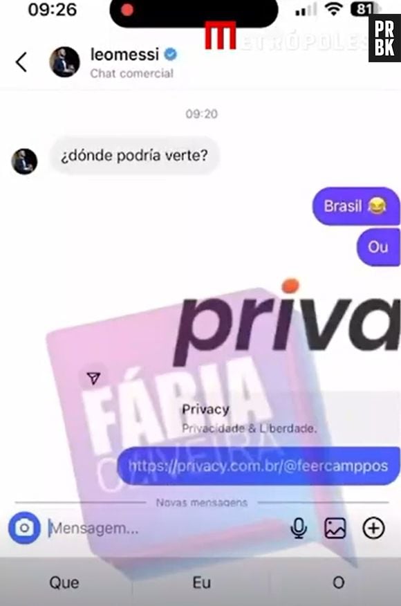 Prints de conversa entre Messi e Fernanda Campos