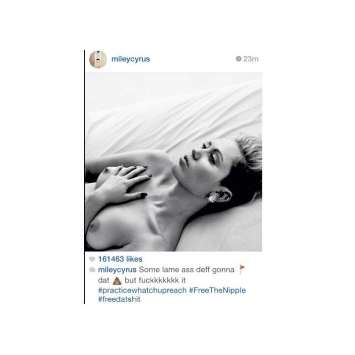  Miley Cyrus postou uma foto no Instagram como protesto: &quot;alguns idiotas v&amp;atilde;o denunciar essa foto, mas que se dane&quot;, legendou a cantora 