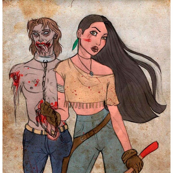 Pocahontas como Michonne, de &quot;The Walking Dead&quot;, combinou hein! Se liguem no detalhe de um cara parecido com o John Smith de zumbi lá atrás!