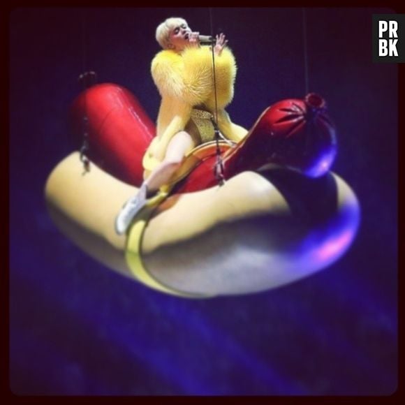 Tipo "Wrecking Ball"! Miley Cyrus e seu cachorro quente na "Bangerz Tour"