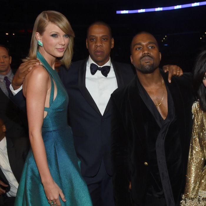 Taylor Swift, Kanye West e Kim Kardashian (com Jay Z na foto) brigam após a socialite vazar &quot;autorização&quot; da cantora para a música &quot;Famous&quot;