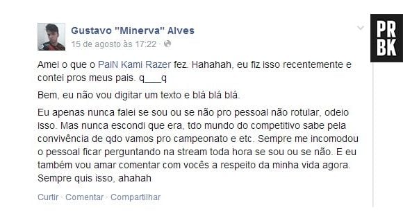 Minerva dando apoio a Kami em seu Facebook