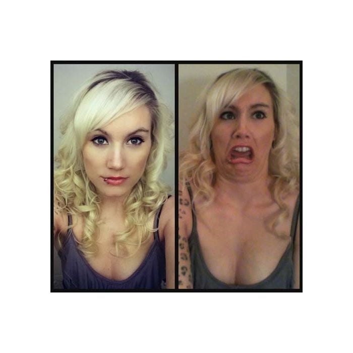 Ela antes e depois de ver a própria foto fazendo careta