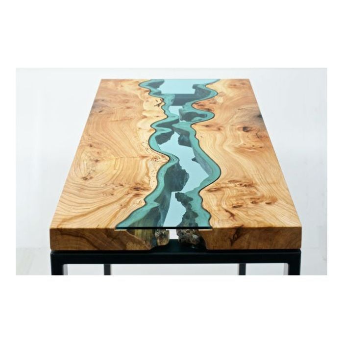 Mesa produzida com madeira e vidro se parece com um rio 