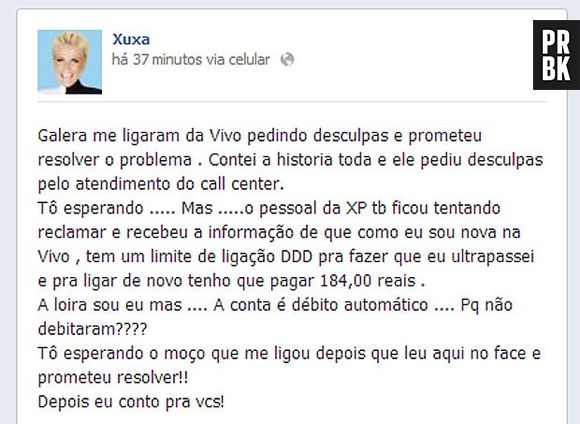 Depois de alguns minutos a operadora Vivo entrou em contato com a Xuxa e a rainha dos baixinhos registrou o momento e compartilhou em sua página do Facebook