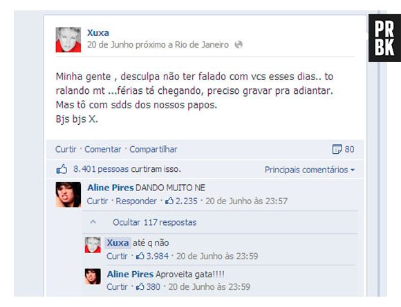 Depois de passar um tempo sem atualizar a sua página no Facebook, Xuxa escreveu um post se desculpando pela ausência. Uma fã perguntou se ela estava "dando" muito, Em resposta, a loira escreveu: "Até que não"