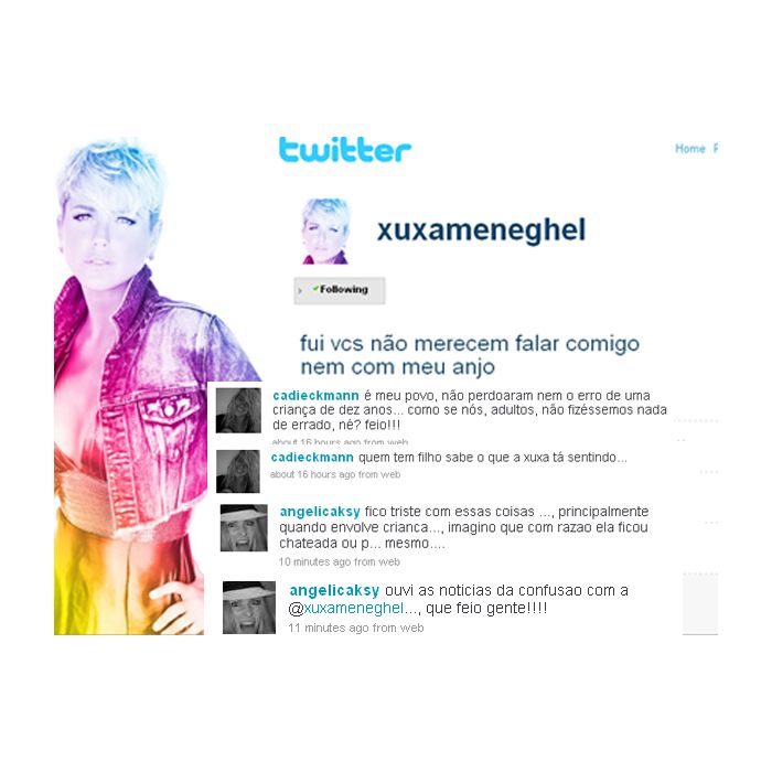No Twitter, quando Sasha, filha de Xuxa, usou a conta do microblog da mãe para se comunicar com os fãs, a jovem errou a grafia de uma palavra e foi motivo para Sasha virar chacota na net. Xuxa não gostou nada das brincadeiras de mal gosto e desabafou