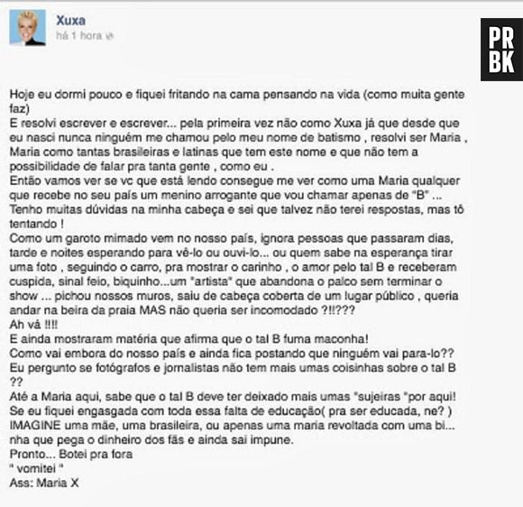 A passagem de Justin Bieber não agradou muitos brasileiros, inclusive a apresentadora Xuxa. A loira desabafou em sua página no Facebook: "IMAGINE uma mãe, uma brasileira, ou apenas uma Maria revoltada com uma bi... nha que pega o dinheiro dos fãs e ainda sai impune"