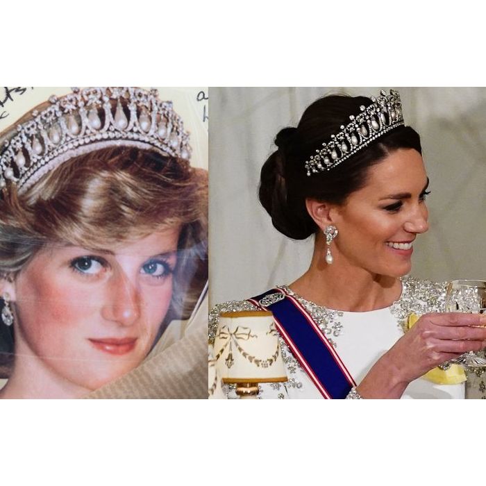 A tiara Lover&#039;s Knot era preferida de Lady Di e foi utilizada por Kate em homenagem
