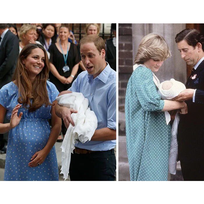 Após o nascimento dos seus filhos, Kate e Diana usaram vestidos azuis com bolinhas