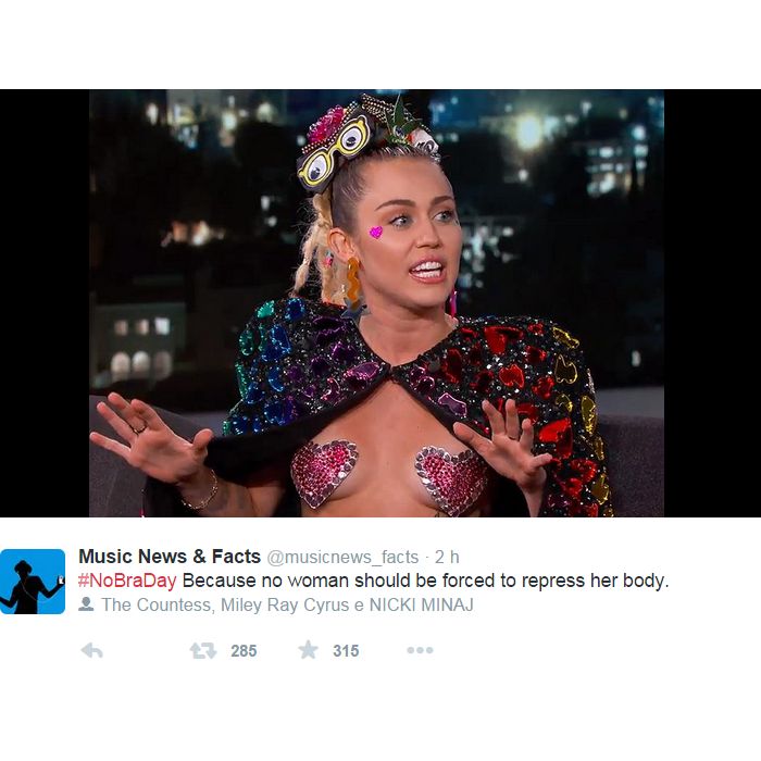 Ela nem precisa de #NoBraDay pra abandonar o sutiã: Miley faz isso o ano inteiro