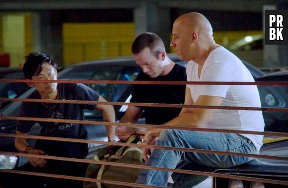 Paul Walker durante gravação de "Velozes e Furiosos 7" junto de Lucas Black e Vin Diesel